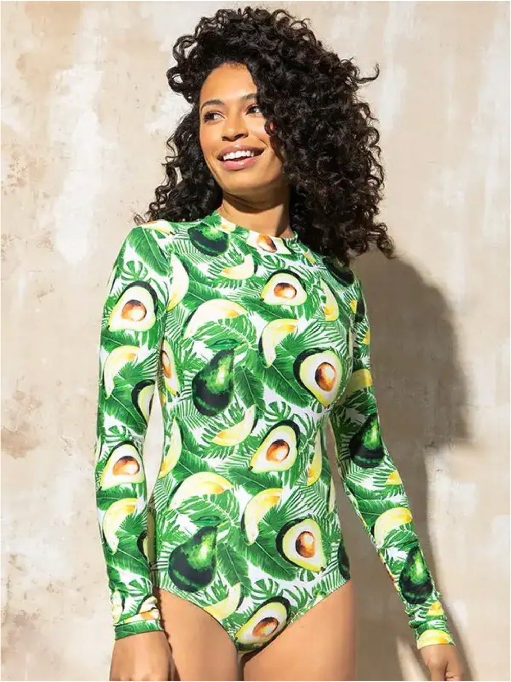 Mott50 “Kelly” avocado/palm print long sleeve rash guard swimsuit (large)